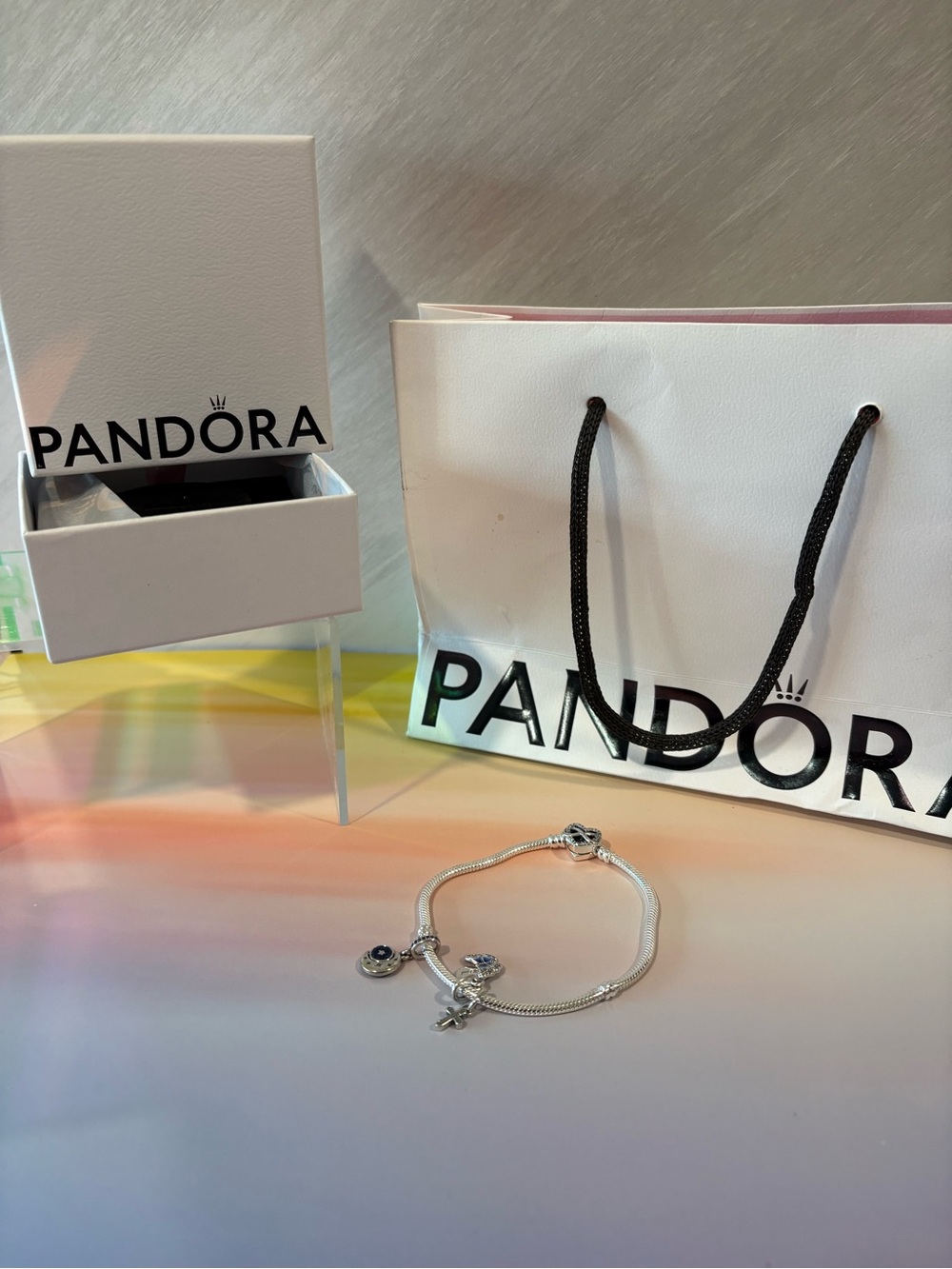 Pandora Silver Bracelet with Blue and Clear Charms